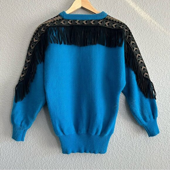 Pioneer Wear Knit Sweater Southwest Leather Fringe Tassel Cowgirl Vintage Small - Picture 2 of 4